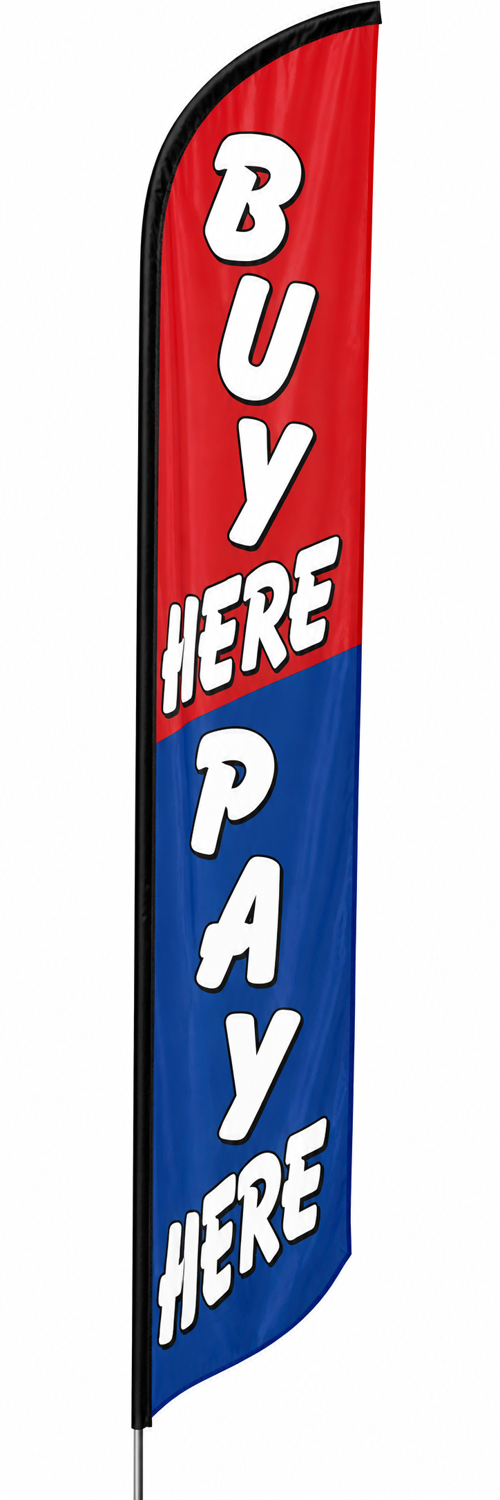 Swooper banner buy here pay here white lettering on blue and red 12 feet tall