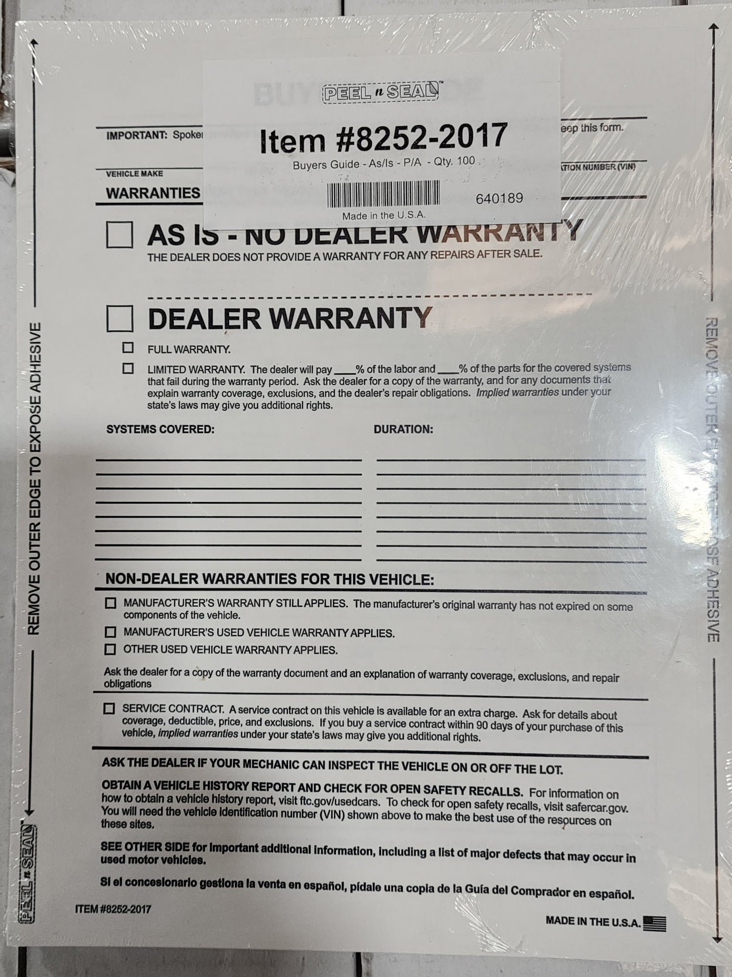 Buyers guide as is no dealer warranty form 100 quantity adhesive around the edge