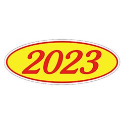 oval model year windshield sticker red on yellow 