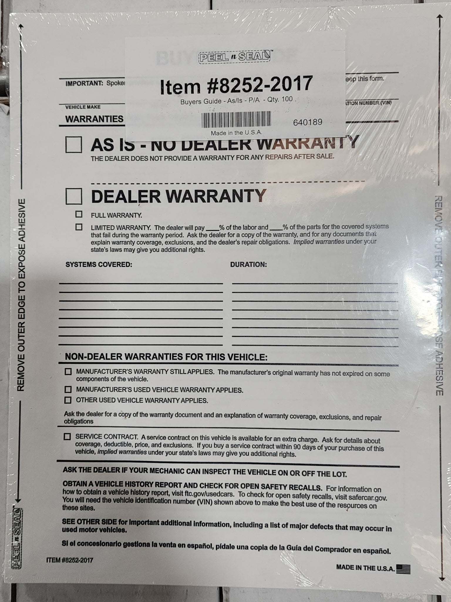 Buyers guide as is no dealer warranty form 100 quantity adhesive around the edge